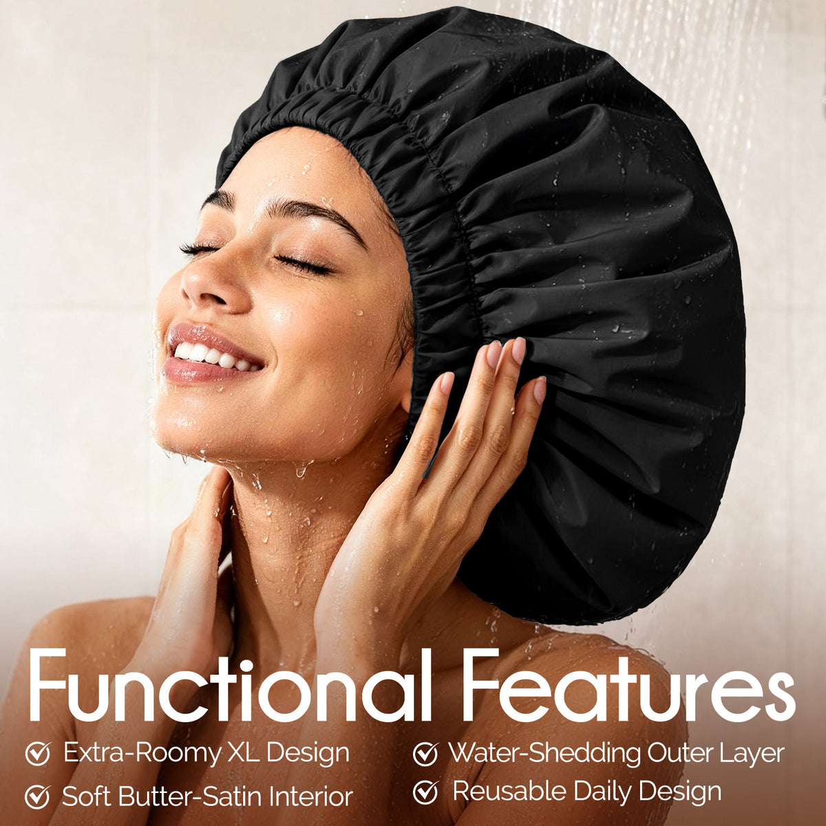 Woman wearing extra large black waterproof shower cap over thick curly hair and long braids