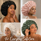 Side view of black XL satin lined shower cap fully covering voluminous curly hair