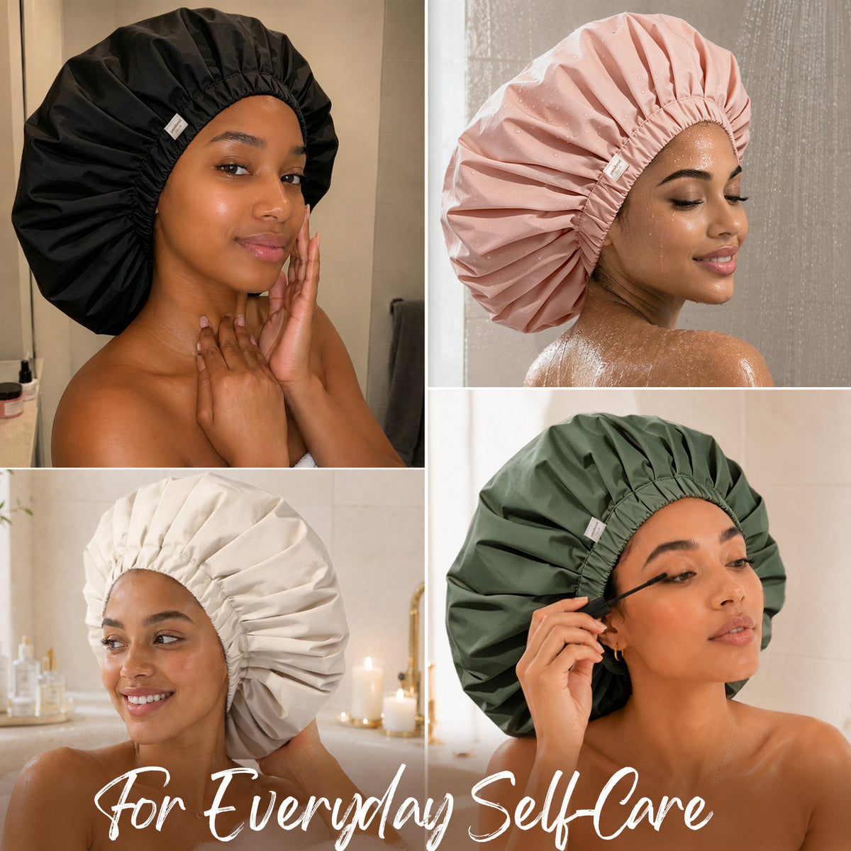 Side view of black XL satin lined shower cap fully covering voluminous curly hair