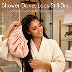 Woman in bath robe taking a shower using YANIBEST waterproof satin lined shower cap