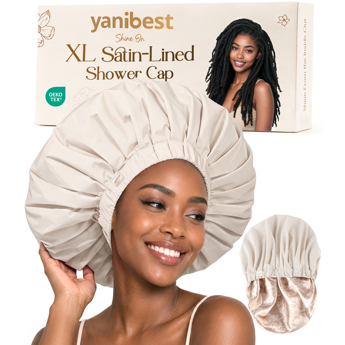 YANIBEST XL Butter Satin Lined Waterproof Shower Cap in Beige for Thick Hair, Curls, Braids and Locs