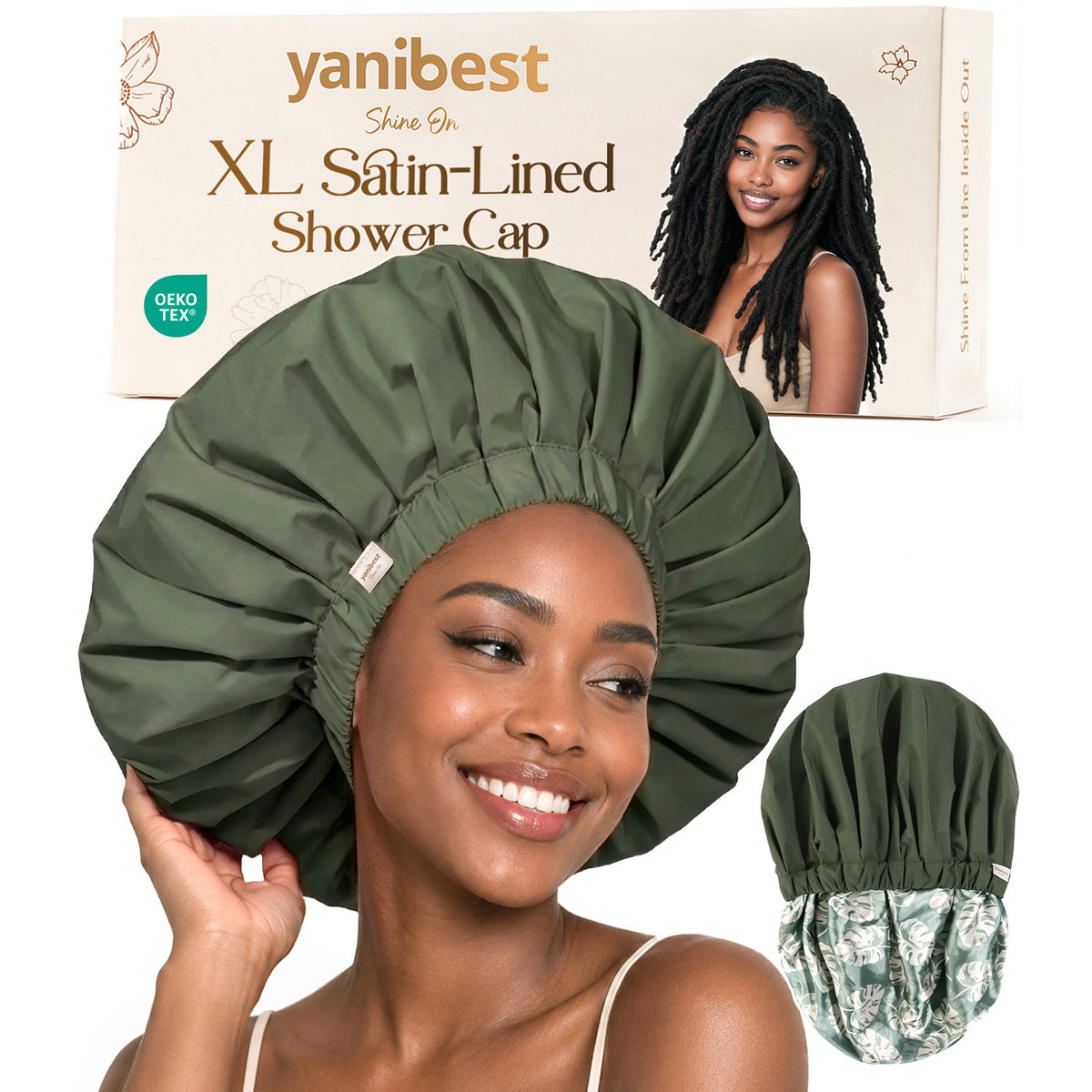 YANIBEST XL Butter Satin Lined Waterproof Shower Cap in Green for Thick Hair, Curls, Braids and Locs