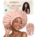 YANIBEST XL Butter Satin Lined Waterproof Shower Cap in Pink for Thick Hair, Curls, Braids and Locs