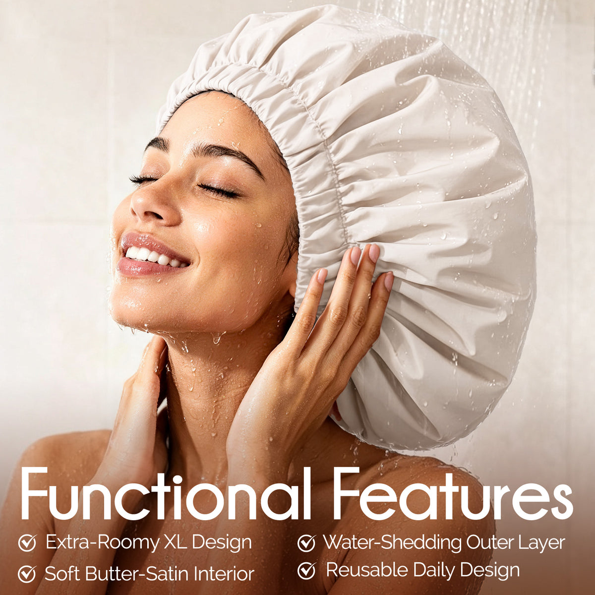 Woman wearing beige YANIBEST XL satin lined shower cap protecting thick natural hair