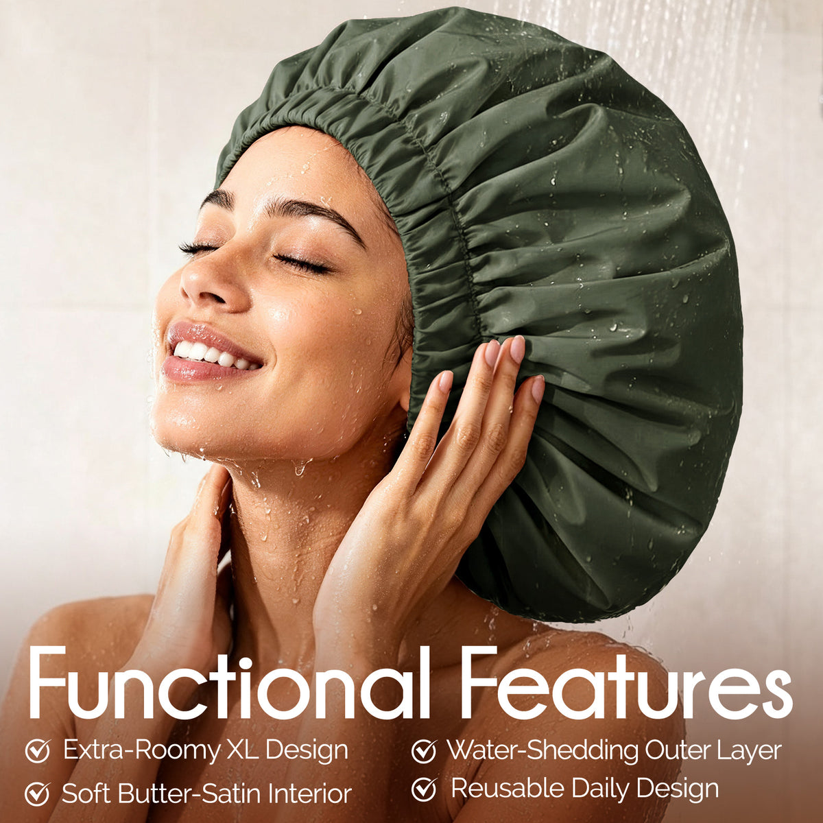 Woman wearing green YANIBEST XL satin lined shower cap protecting thick natural curly hair