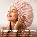 Woman wearing pink YANIBEST XL satin lined shower cap with adjustable band for natural hair