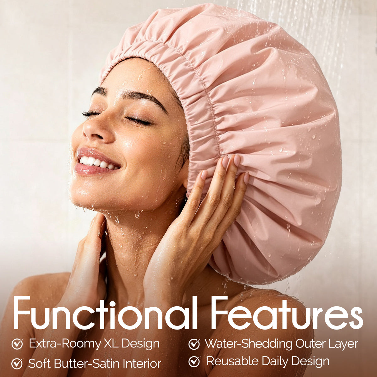 Woman wearing pink YANIBEST XL satin lined shower cap with adjustable band for natural hair
