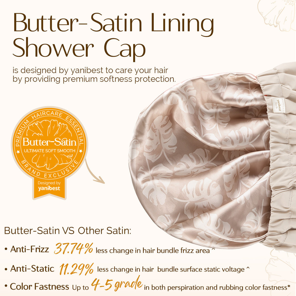 Interior view showing Butter-Satin lining and waterproof outer layer of beige XL shower cap