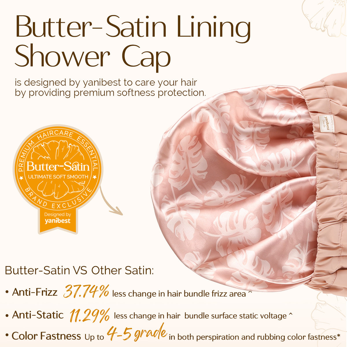 Interior view showing Butter-Satin lining and waterproof outer layer of pink XL shower cap