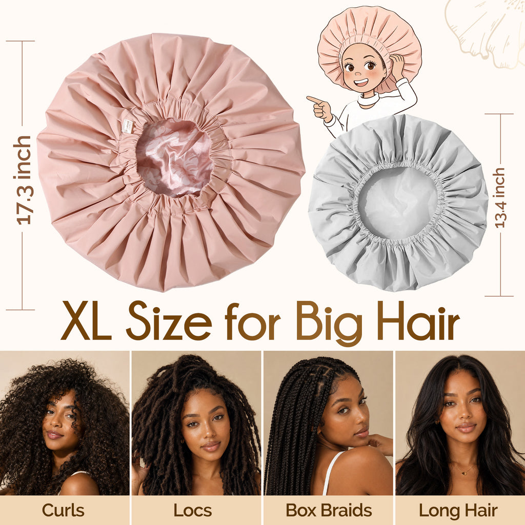 XL size guide for YANIBEST shower cap showing full coverage for big hair, long braids, and dreadlocks