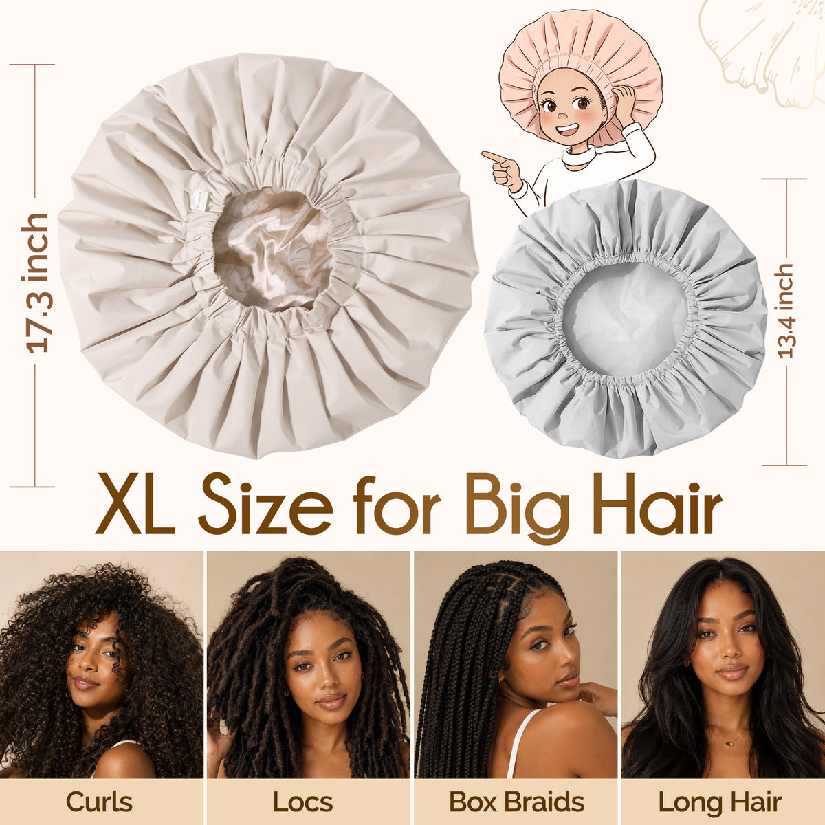 XL extra large shower cap size guide showing full coverage for big hair, long braids, and locs