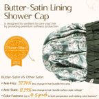 Interior view showing Butter-Satin lining and 100% waterproof outer layer of green XL shower cap