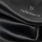 Black 6A long fiber mulberry silk fabric close-up with smooth, shiny texture