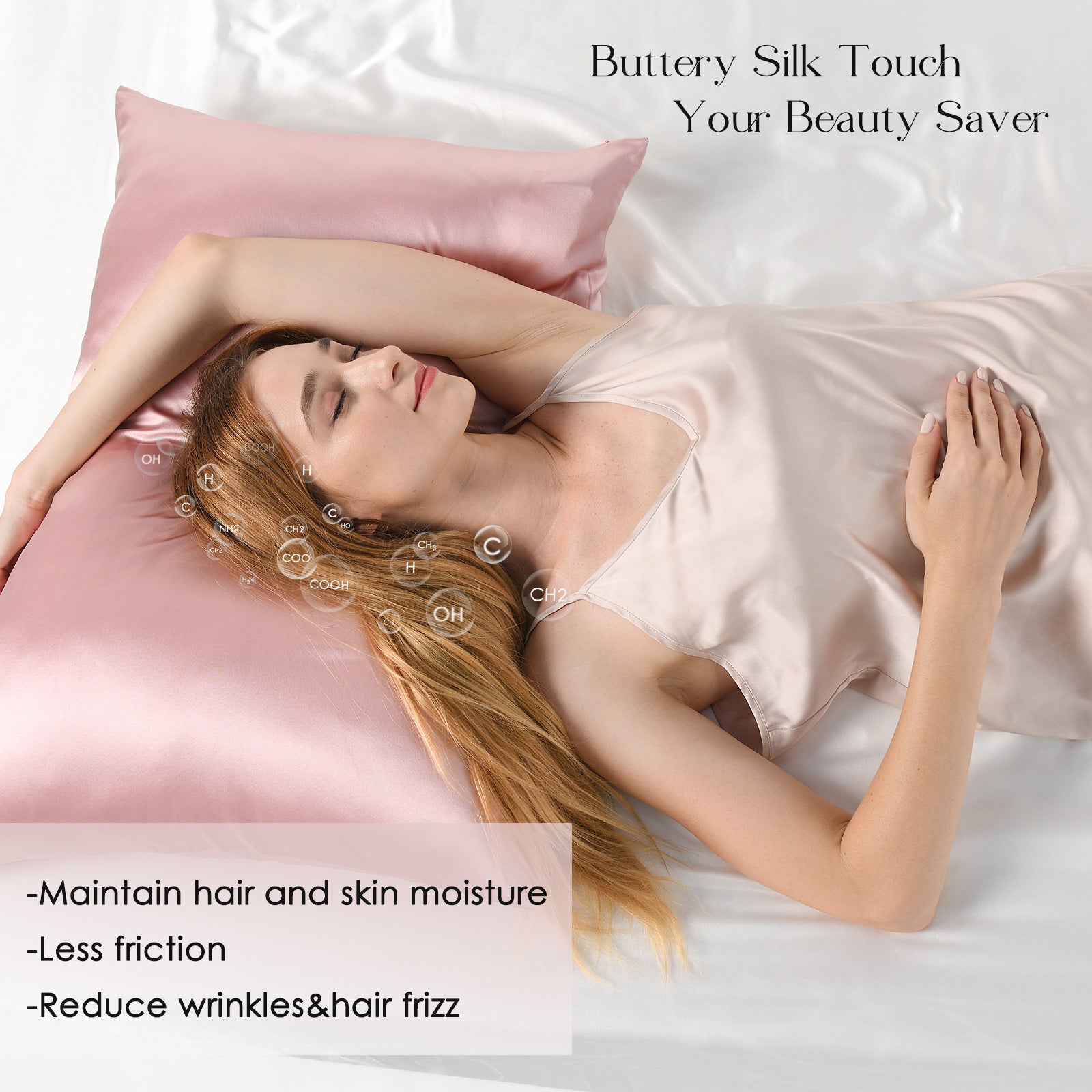 Woman sleeping on a pink silk pillowcase with benefits for hair and skin moisture displayed.