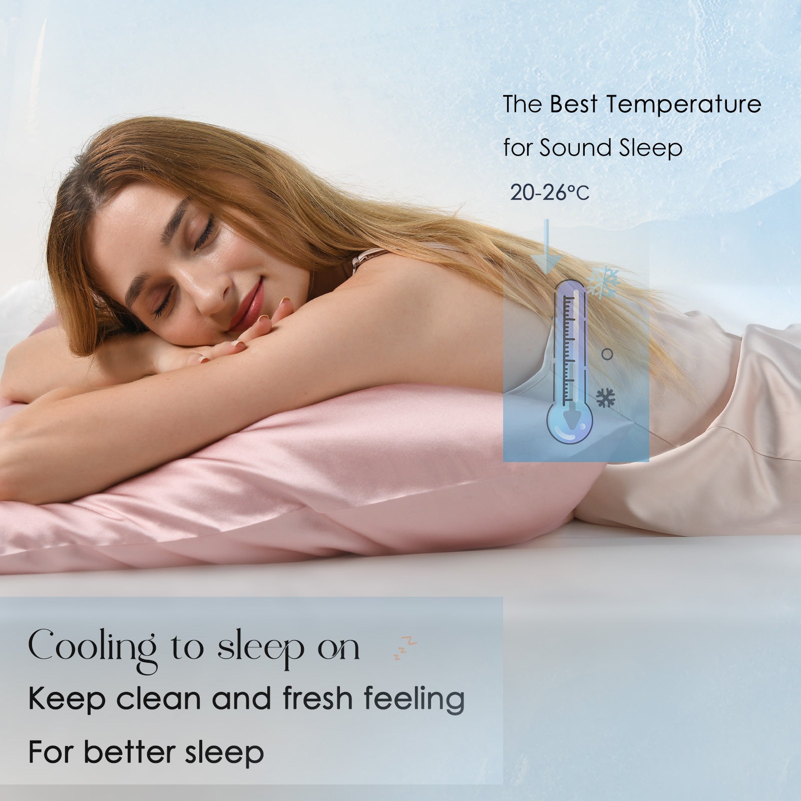 Woman sleeping on light pink silk pillowcase, promoting cooling sleep and fresh feeling benefits.