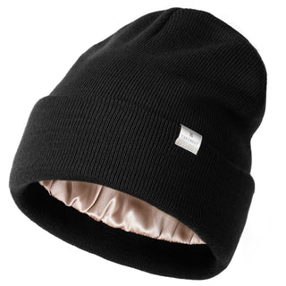 Butter-Satin Lined Winter Beanie Hat| Black Black