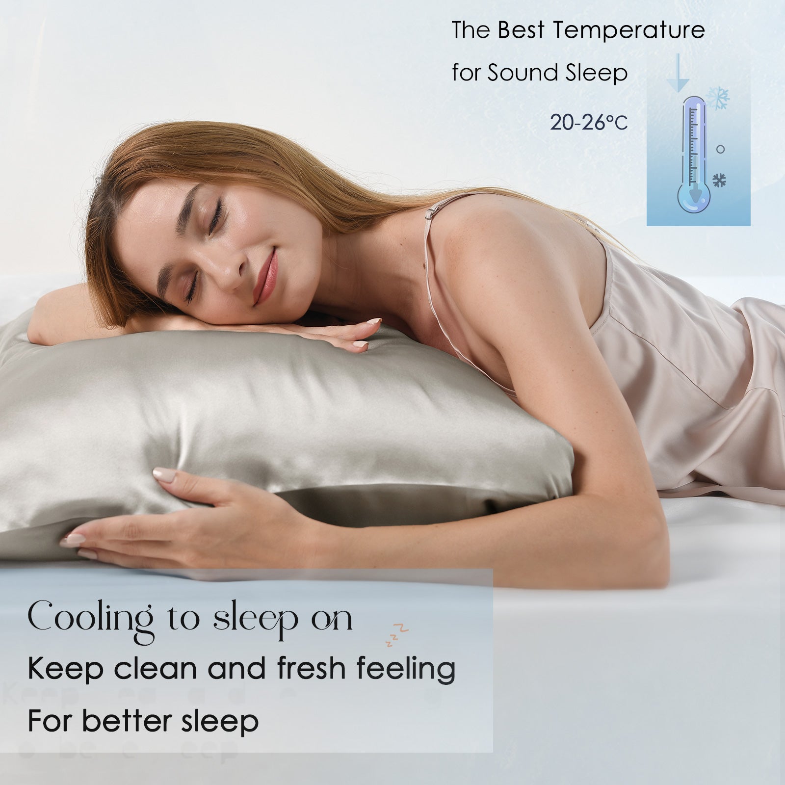 Woman sleeping on a silver mulberry silk pillowcase, promoting cool, clean, fresh sleep.