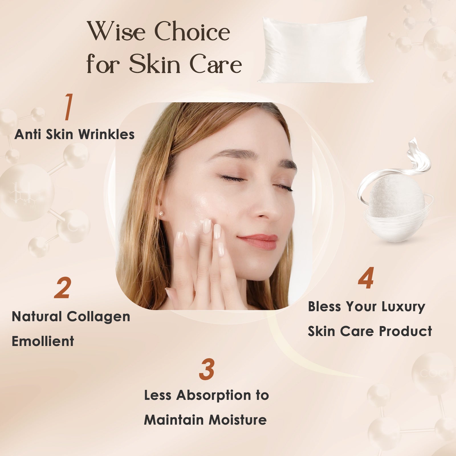 Woman touching face with silk pillowcase, highlighting skincare benefits and anti-wrinkle properties.