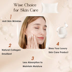 Woman touching face with silk pillowcase, highlighting skincare benefits and anti-wrinkle properties.