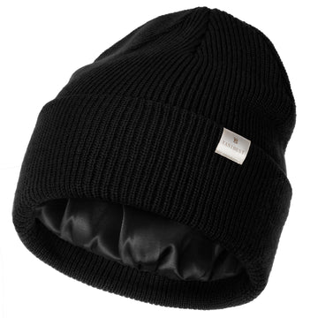 Butter Satin Lined Knit Skull Beanie - Black Black