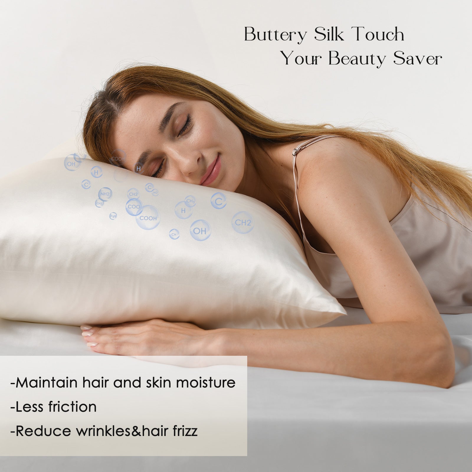 Woman sleeping on white mulberry silk pillowcase, ideal for hair and skin care.