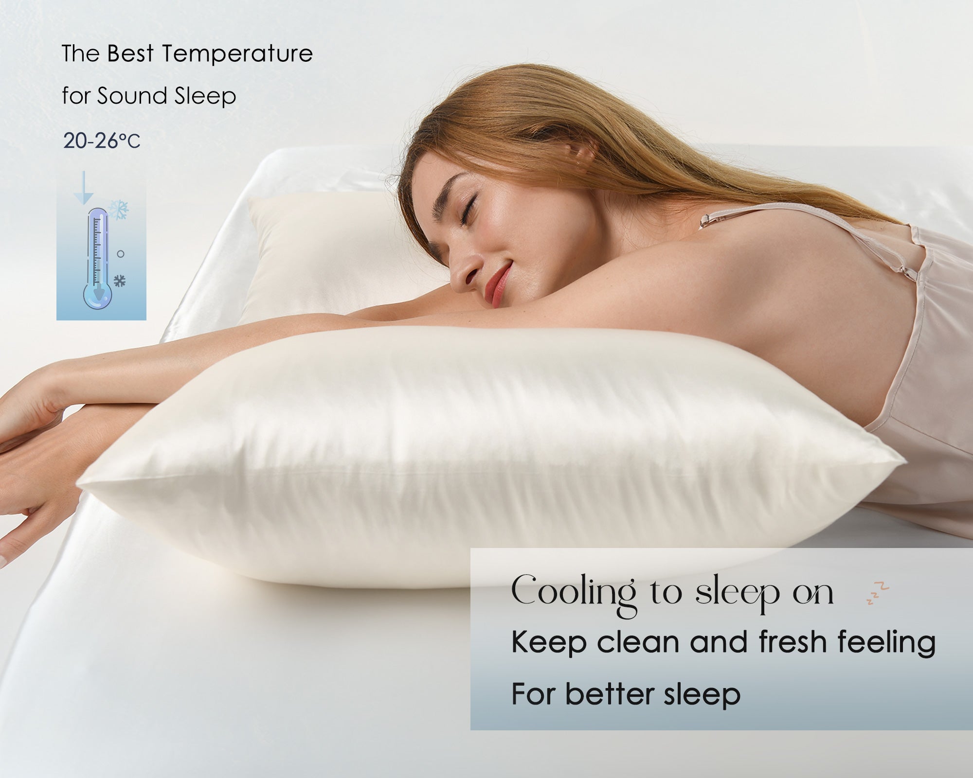 Woman sleeping on white mulberry silk pillowcase for cool, clean, fresh sleep
