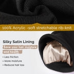 Butter-Satin Lined Winter Beanie Hat| Black Black YANIBEST