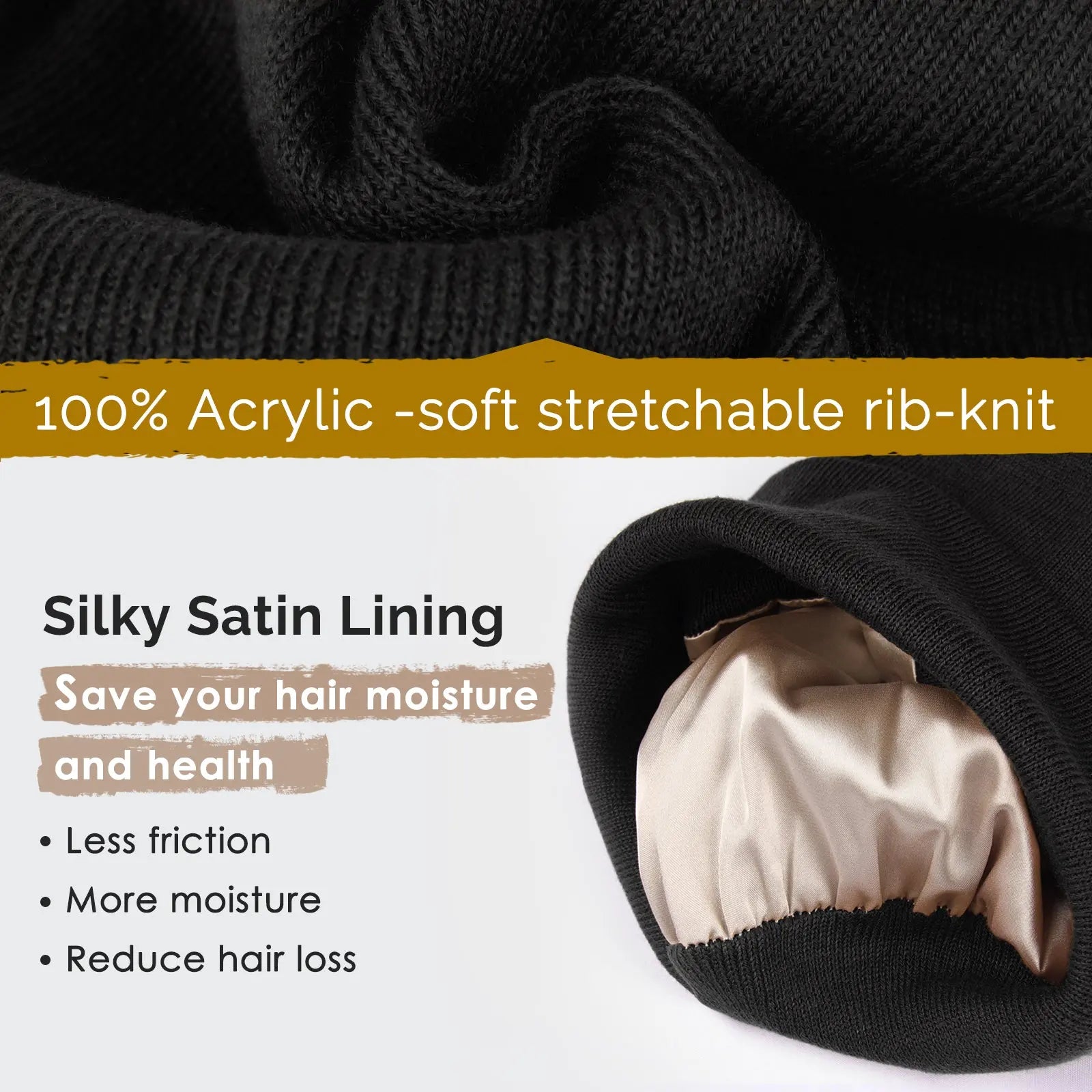 Butter-Satin Lined Winter Beanie Hat| Black Black YANIBEST