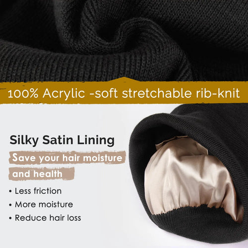 Butter-Satin Lined Winter Beanie Hat| Black Black YANIBEST