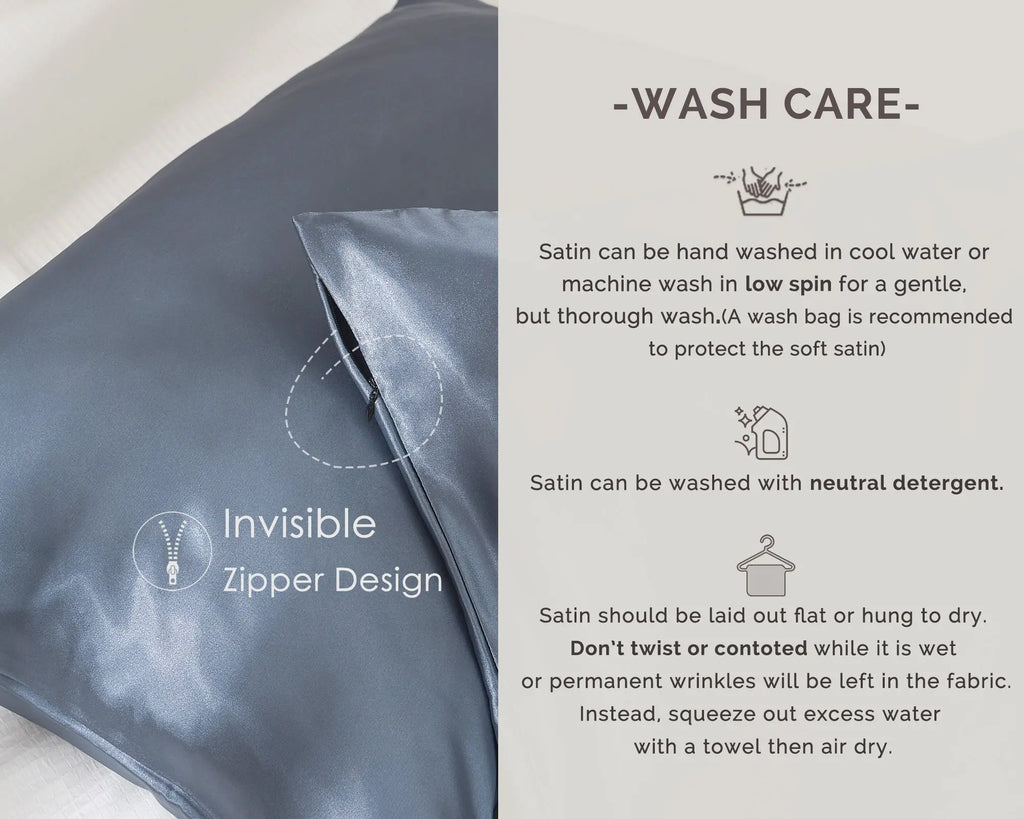 Dream blue satin pillowcase with invisible zipper, wash care instructions on side
