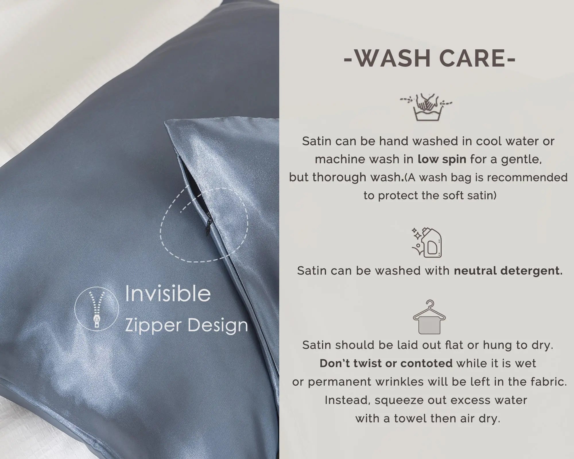 Dream blue satin pillowcase with invisible zipper, wash care instructions on side