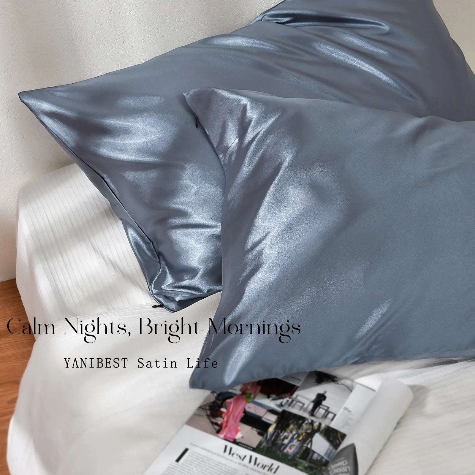 Dream blue satin pillowcases on a bed, smooth and shiny finish, bedroom decor
