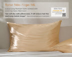 Golden champagne satin pillowcases set on white bedding against a textured wall