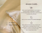 Golden champagne satin pillowcase with invisible zipper, wash care instructions on side.