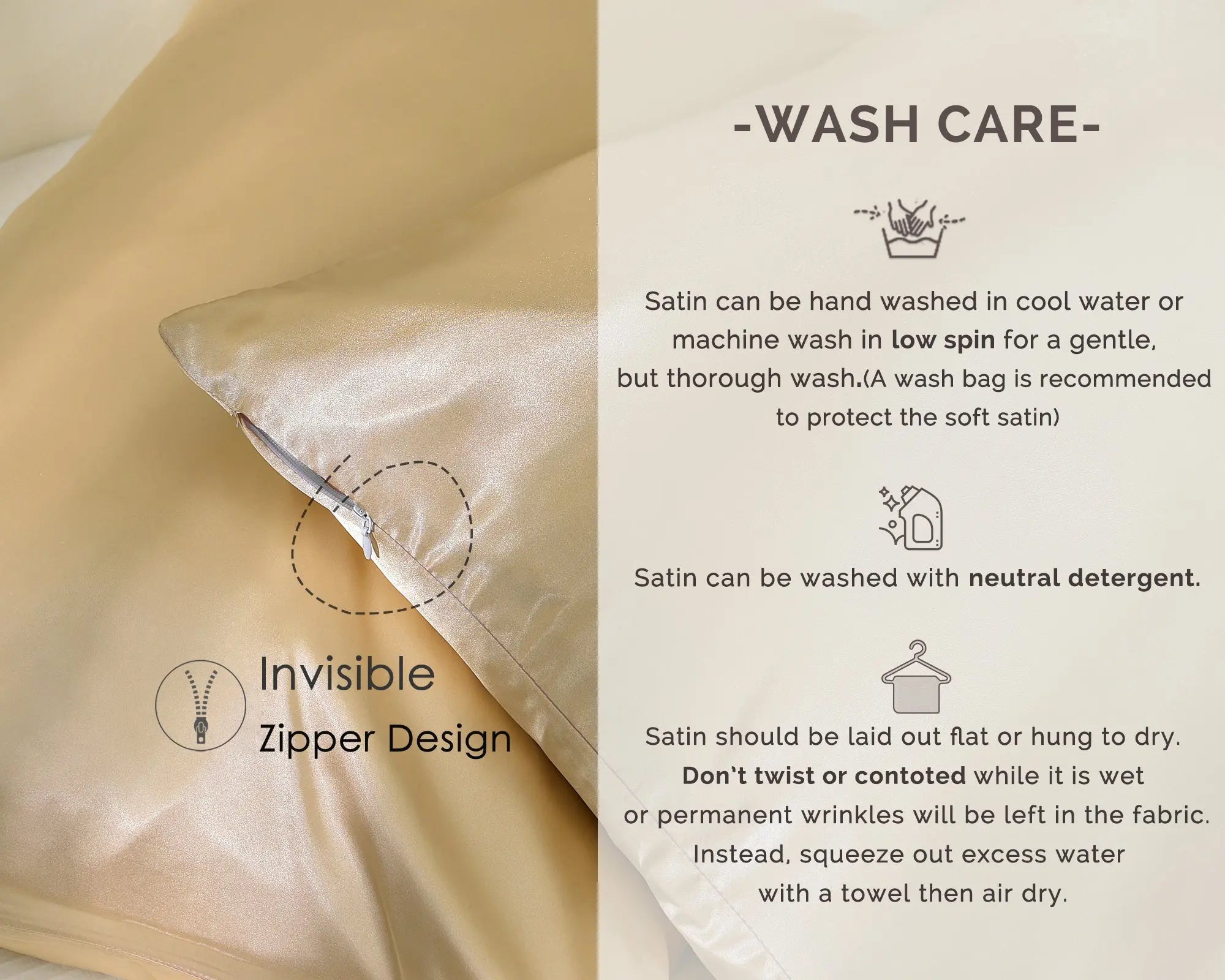 Golden champagne satin pillowcase with invisible zipper, wash care instructions on side.