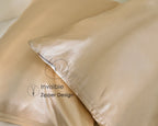 Golden champagne satin pillowcases set showing invisible zipper design