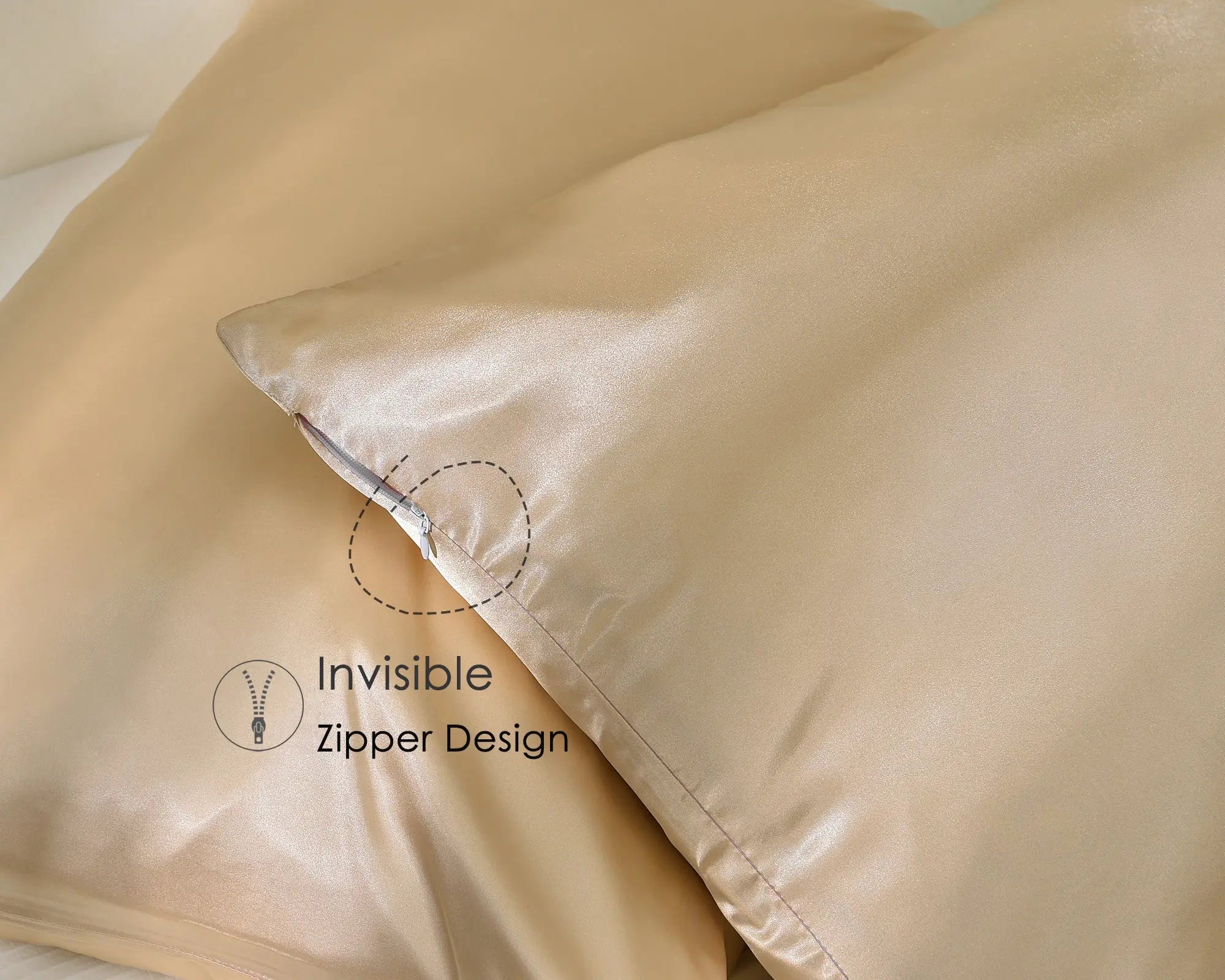Golden champagne satin pillowcases set showing invisible zipper design