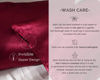 Red satin pillowcase with invisible zipper design, wash care instructions beside pillow