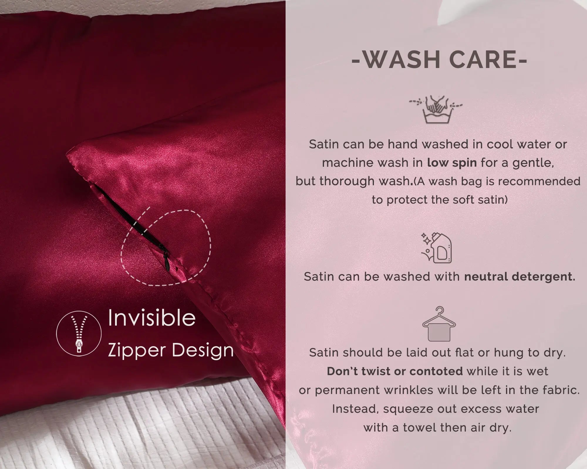 Red satin pillowcase with invisible zipper design, wash care instructions beside pillow