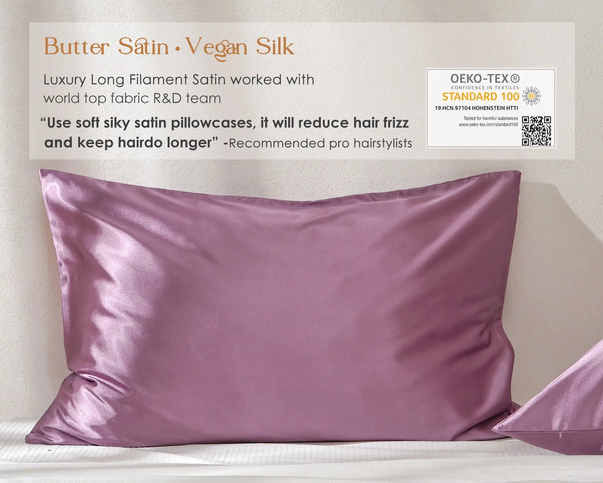 Purple satin pillowcases set displayed on bed with soft, smooth fabric and OEKO-TEX label.