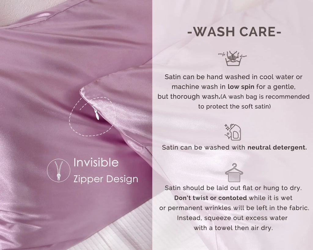 Marve purple satin pillowcases with invisible zipper, close-up, on bed with wash care tips.