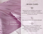 Marve purple satin pillowcases with invisible zipper, close-up, on bed with wash care tips.