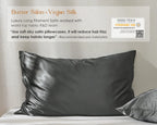 Modern gray satin pillowcases on a bed, soft shiny finish, promotes hair and skin care