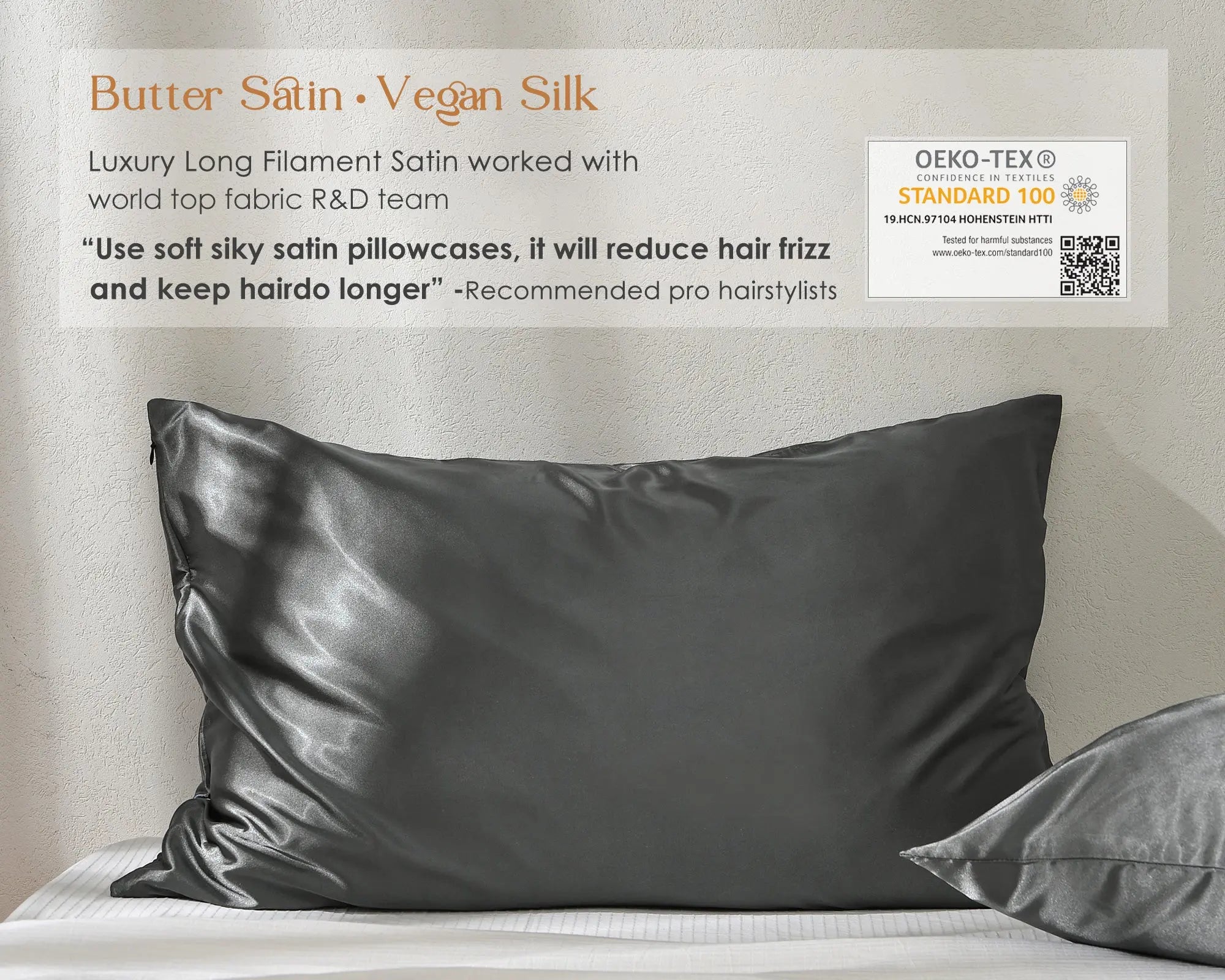 Modern gray satin pillowcases on a bed, soft shiny finish, promotes hair and skin care