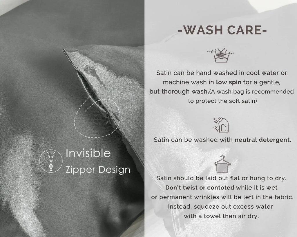 Modern gray satin pillowcase set with invisible zipper design and wash care instructions.