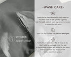 Modern gray satin pillowcase set with invisible zipper design and wash care instructions.