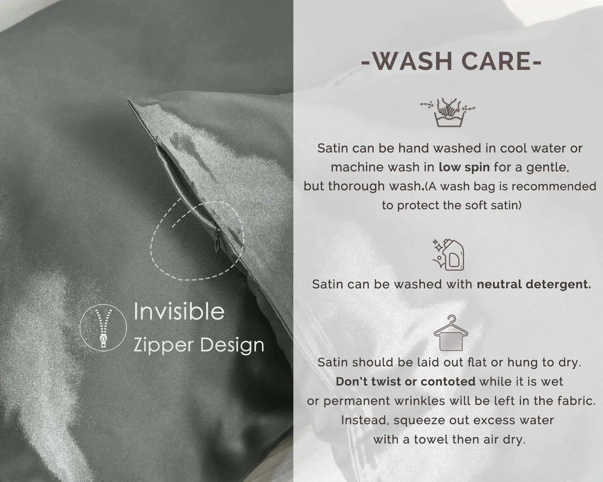 Modern gray satin pillowcase set with invisible zipper design and wash care instructions.