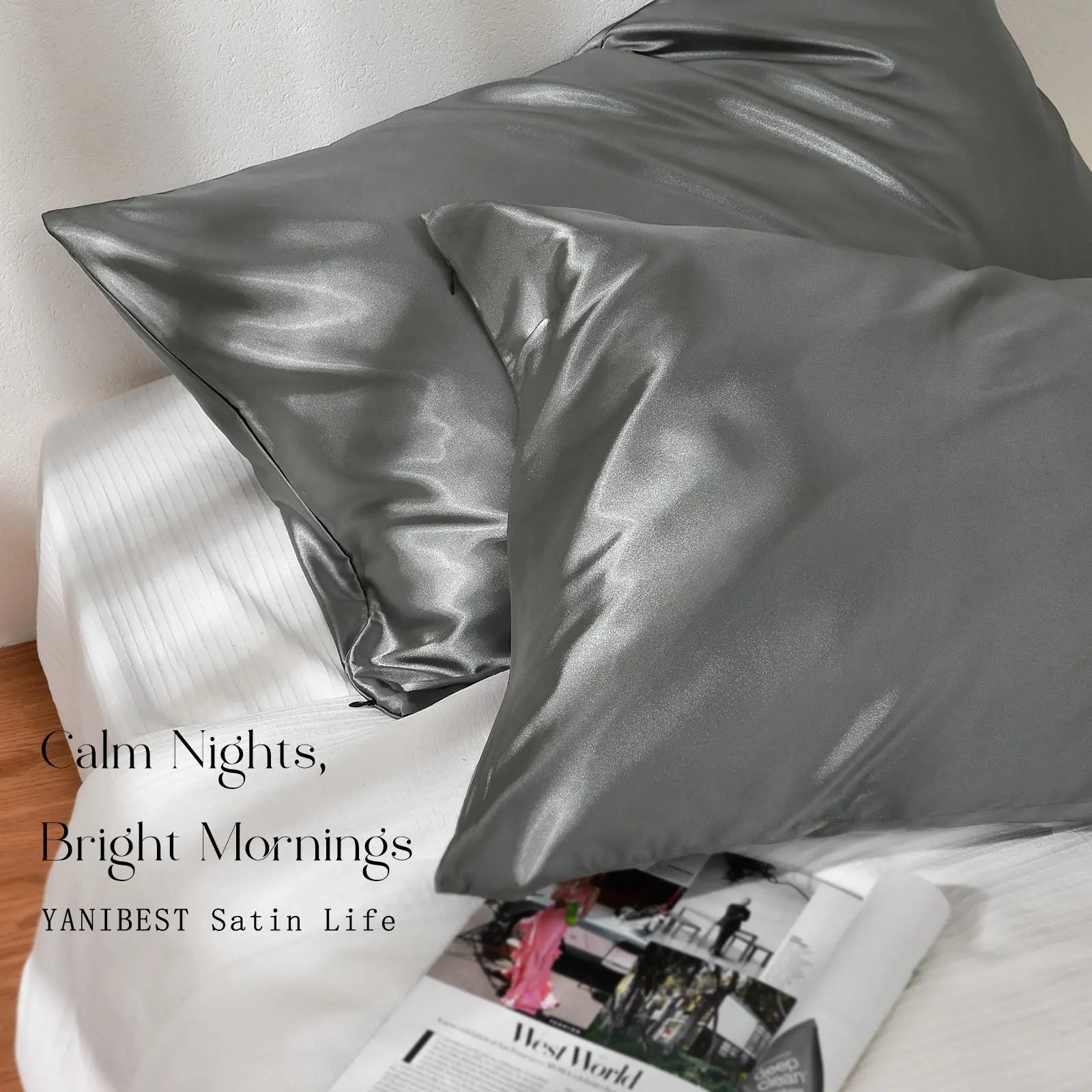 Modern gray satin pillowcases set on a white bed, glossy finish, bedroom decor