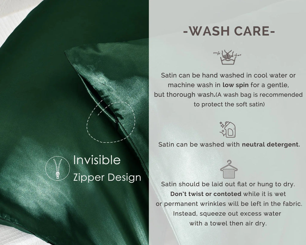 Olive green satin pillowcase with invisible zipper design and wash care instructions.