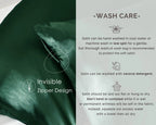 Olive green satin pillowcase with invisible zipper design and wash care instructions.